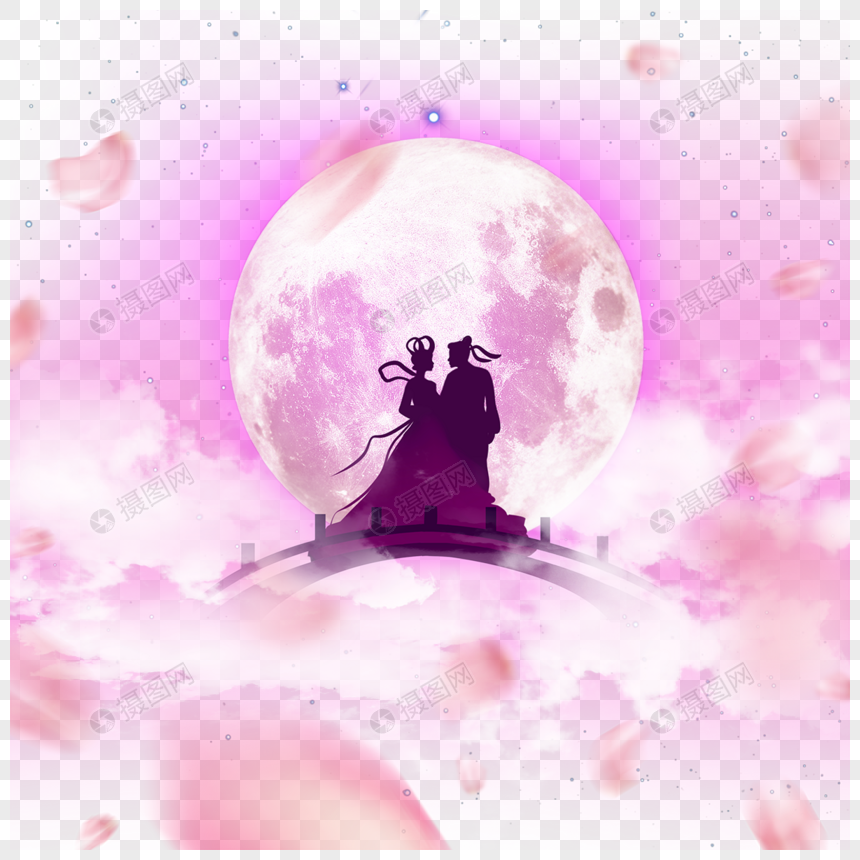 月亮前拱桥相会七夕情侣花卉光效美图图片