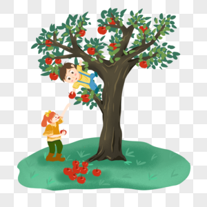 卡通男孩爬树摘苹果图片