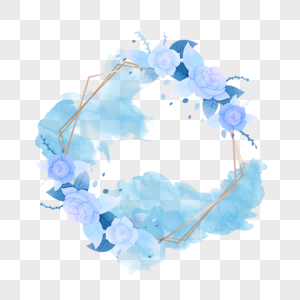 蓝色玫瑰花叶子水彩金线框图片
