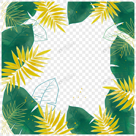 夏季绿色热带植物搭配黄色叶子水彩边框图片