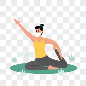 戴口罩女人草地上瑜伽伸展运动插画图片