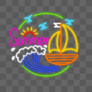 卡通夏季帆船霓虹灯光效图片