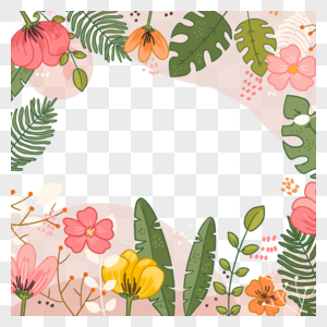粉色背景绿叶花朵春天花卉边框图片