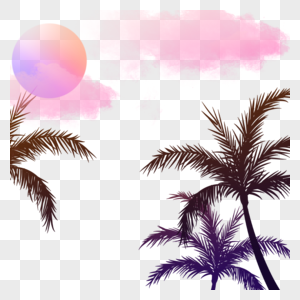 粉色太阳云彩下的椰树夏季夜晚边框高清图片