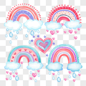 雨天彩虹云朵卡通水彩画图片