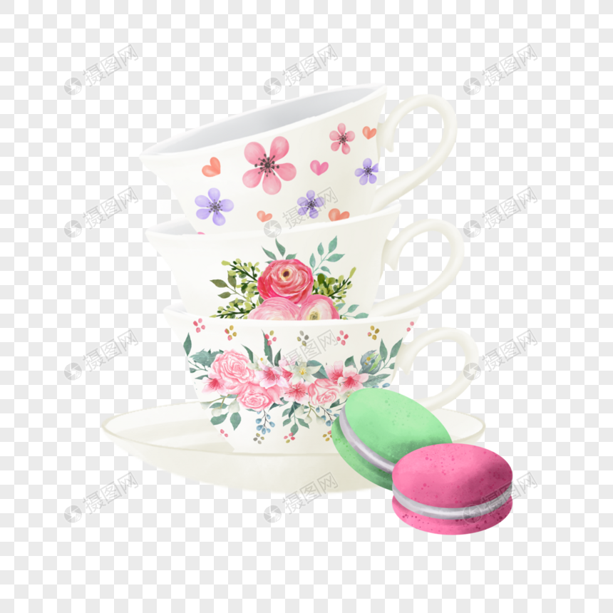 茶杯水彩花艺下午茶马卡龙图片