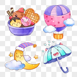 雨天雨伞氢气球卡通水彩画图片