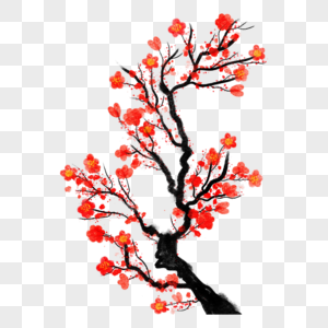 新年红梅花树枝水墨风格图片