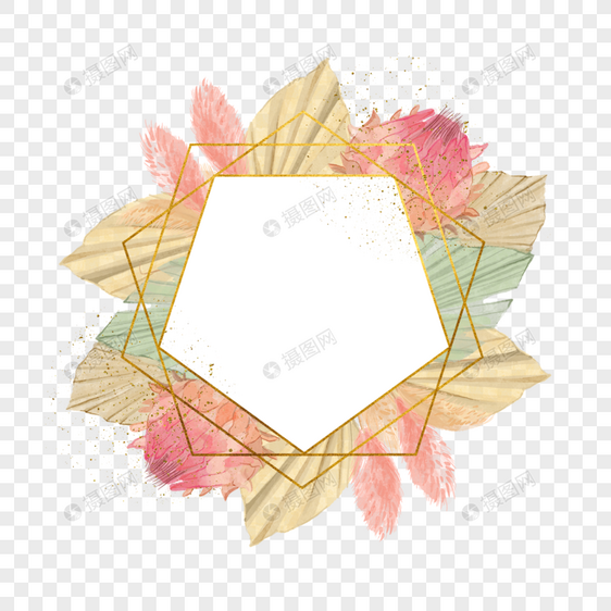 五边形水彩干扇棕榈叶婚礼边框图片