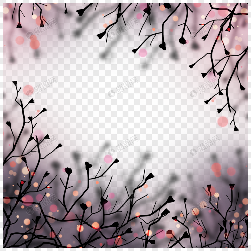 粉色花瓣干枯树枝冬天光效边框图片