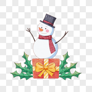 圣诞节礼物盒上的水彩雪人高清图片