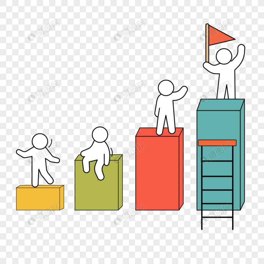 彩色柱状图和卡通人物线稿线条画