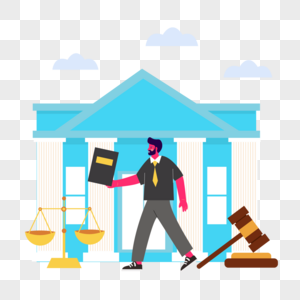 蓝色建筑法律法院庭审人物插画图片