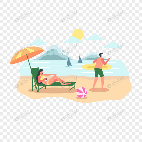 夏季假期旅行沙滩上休息奔跑概念插画图片