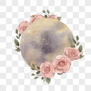 满月月亮花卉粉色水彩图片