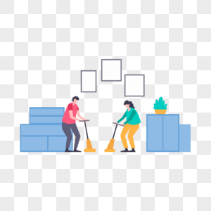 两人使用吸尘器打扫客厅家庭清洁插画图片
