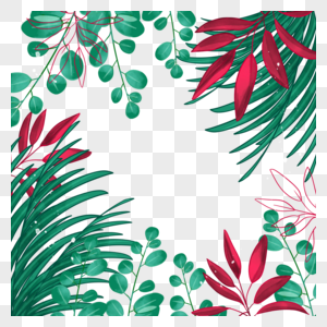 水彩夏季绿色热带植物搭配红色叶子边框图片