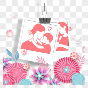 母亲节红色折纸花卉相框剪影图片