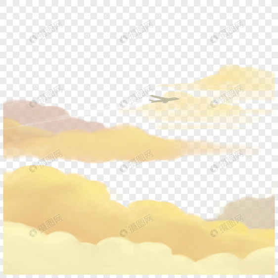 飞机和黄色水彩云朵自然风景图片