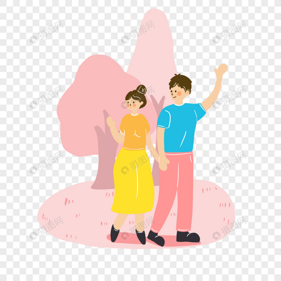 春季郊游插画粉色树木携手的情侣人物图片