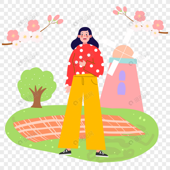 野餐垫和女生春季郊游插画图片