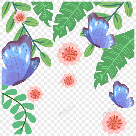 绿色植物蓝色蝴蝶春季边框图片