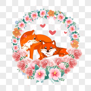 动物情侣狐狸粉色花卉花环图片