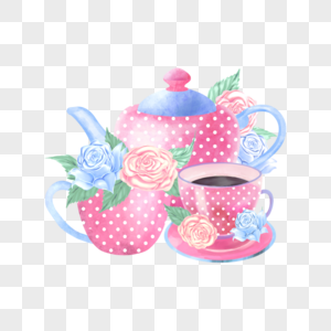 茶杯水彩粉色波点下午茶茶具图片