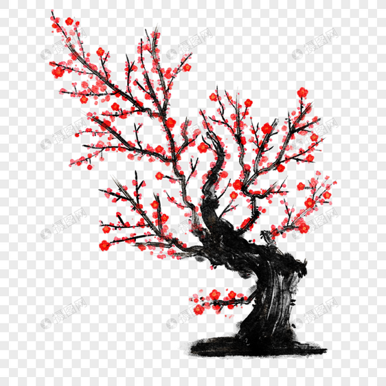红色梅花树枝水墨风格图片
