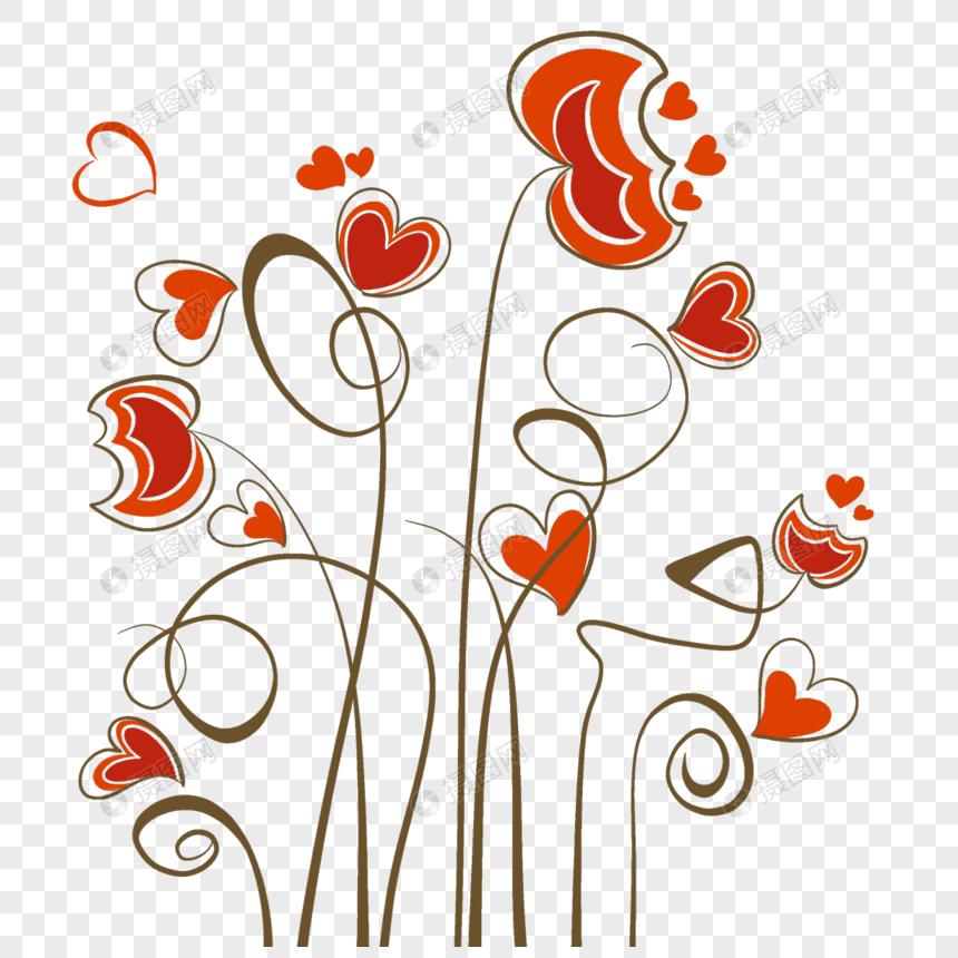 花卉植物抽象红色爱心线稿图片