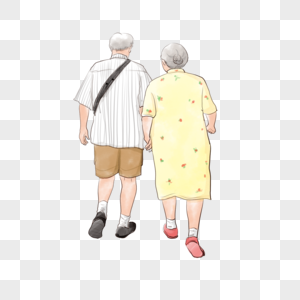 老年夫妻背影水彩图片