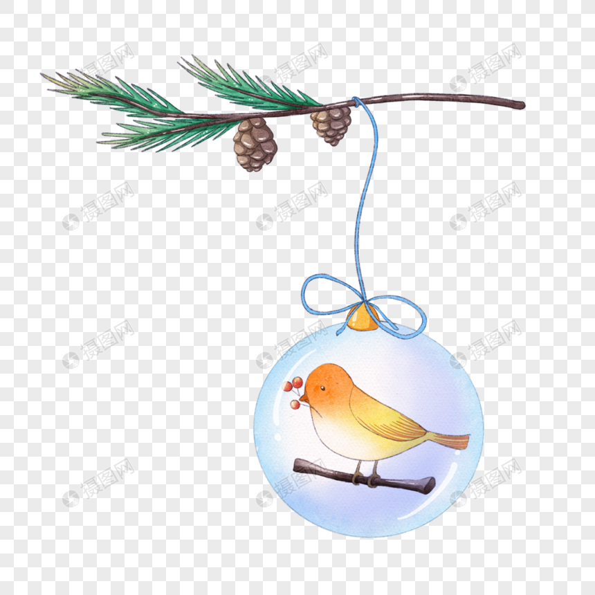 水彩小鸟圣诞装饰球图片