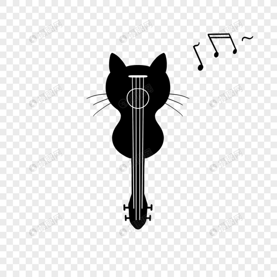 黑色猫咪背影吉他剪影图片