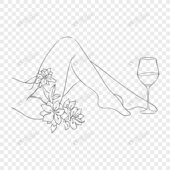 感美女双腿鲜花红酒艺术线条画图片