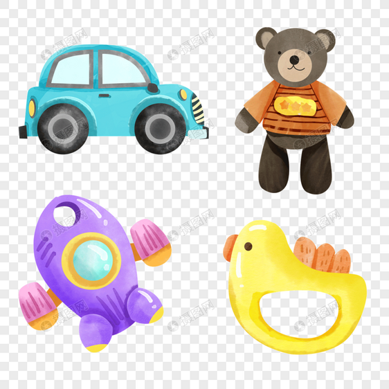 水彩婴儿儿童玩具小熊交通工具图片