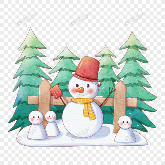 水彩圣诞节雪人和小雪人图片