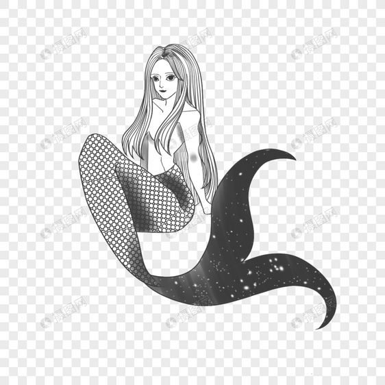 黑白线描纹身图案海洋神话美人鱼图片