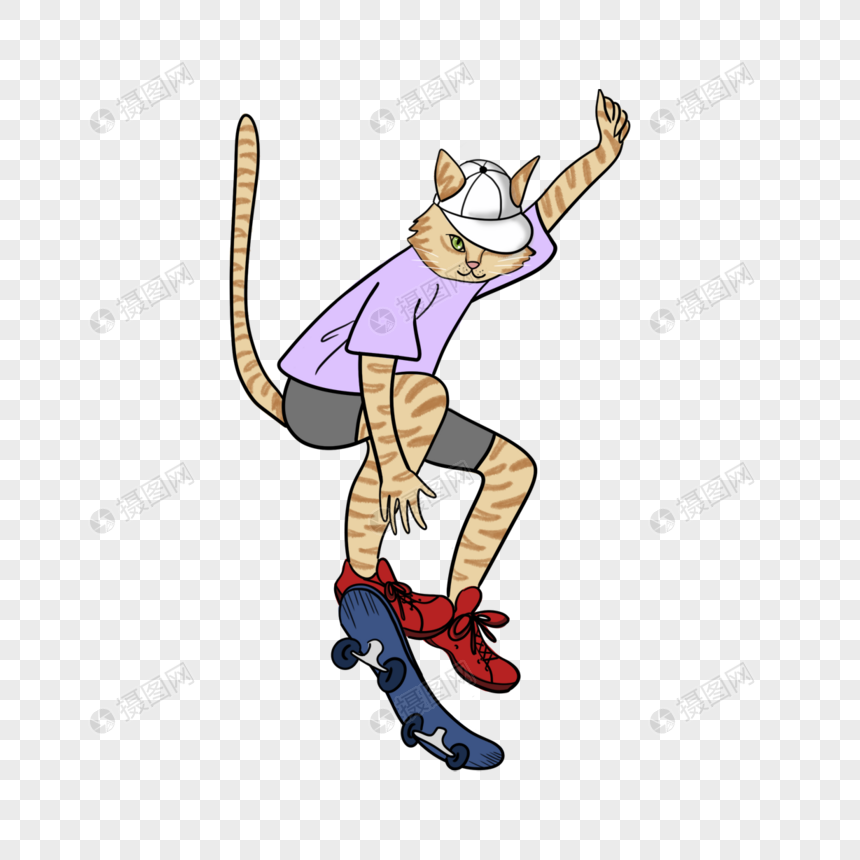 卡通猫玩滑板插图图片