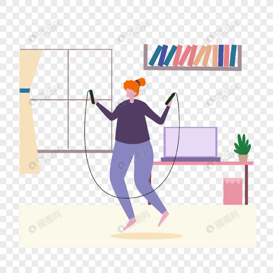 跳绳运动插画在家跳绳锻炼的女孩图片