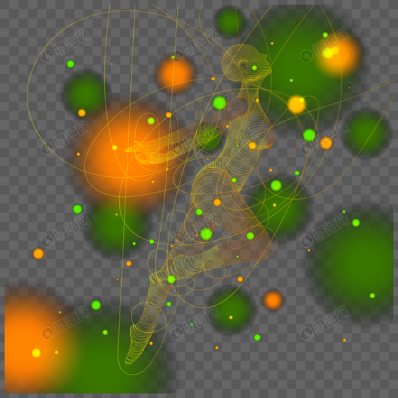 在绿色光点中翩翩起舞的抽象光效线条人物图片