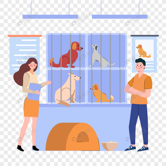 笼子里的可爱小狗动物收容所插画图片