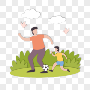剪纸风格父亲节父子两个草地上踢足球图片