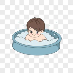小男孩蓝色泡澡盆洗澡高清图片