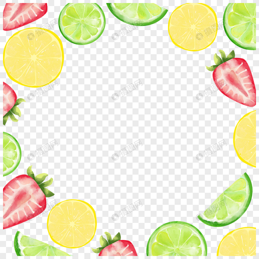 切开的柠檬草莓水果水彩边框图片