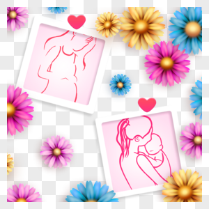 母亲节各色花卉粉色相框剪影图片
