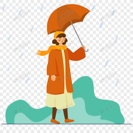 戴着帽子的女孩雨中打伞插画图片