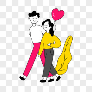 拿着爱心气球行走的情侣情人节线条人物插画图片