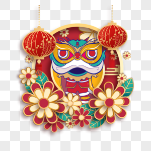 农历春节舞狮圆形边框图片