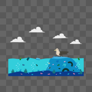 海鸥海洋垃圾地球水污染插画图片