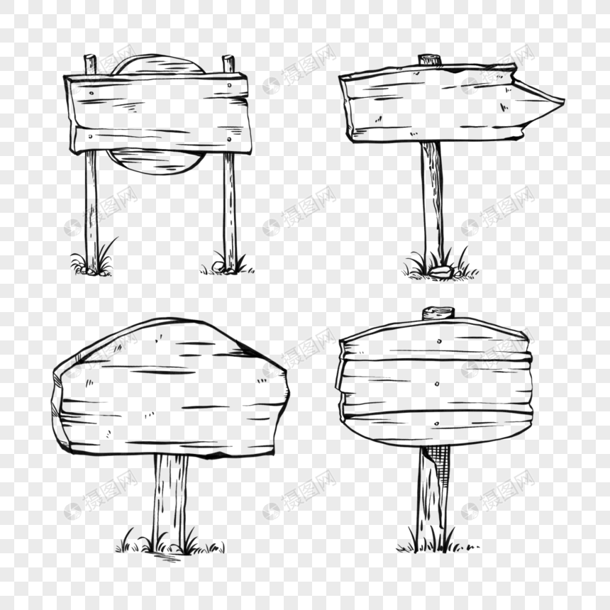 指示牌木板线稿卡通图片